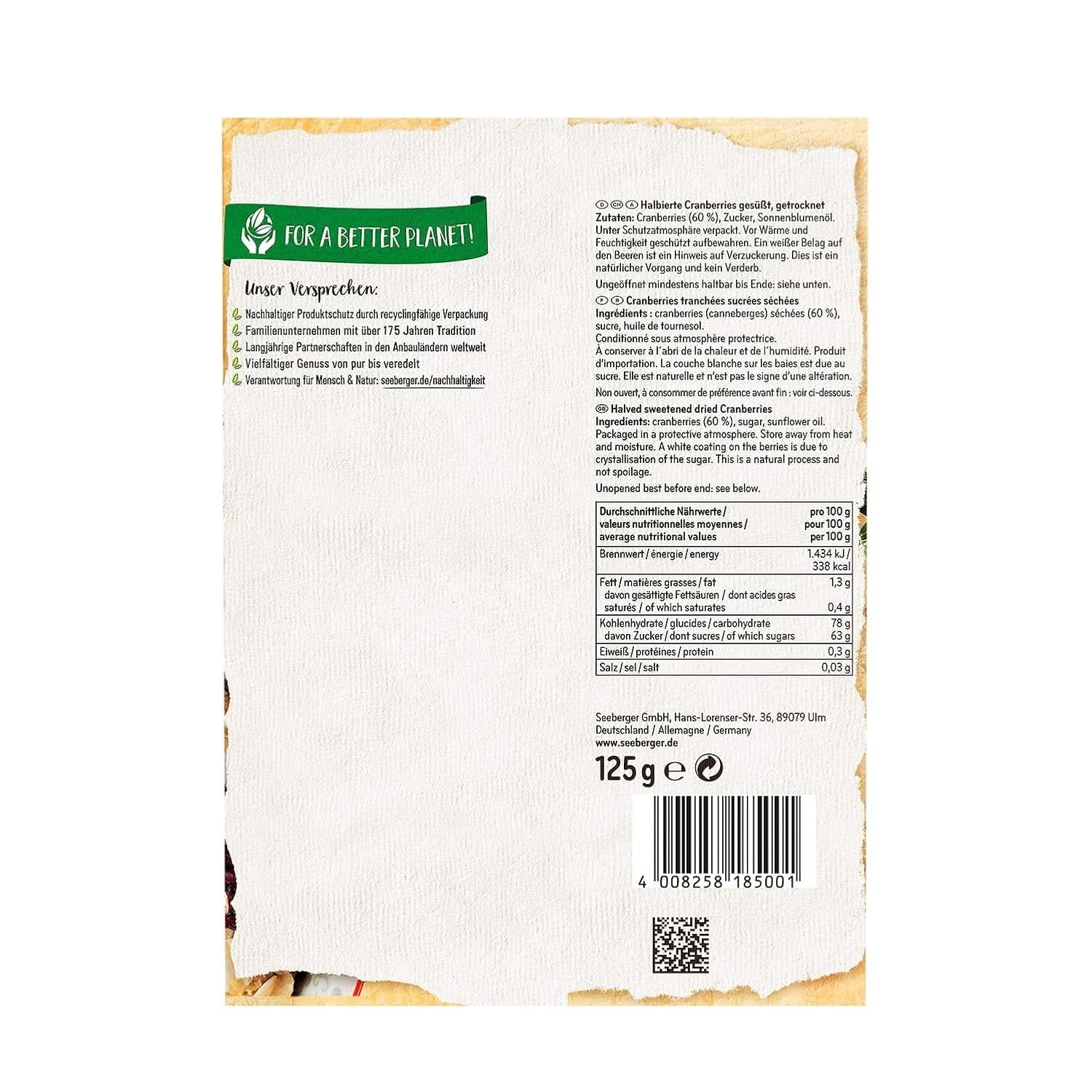 Canneberges Seeberger, canneberges canadiennes coupées en deux, fruitées et sucrées, 13 x 125 grammes Produits déshydratés Naty Shop