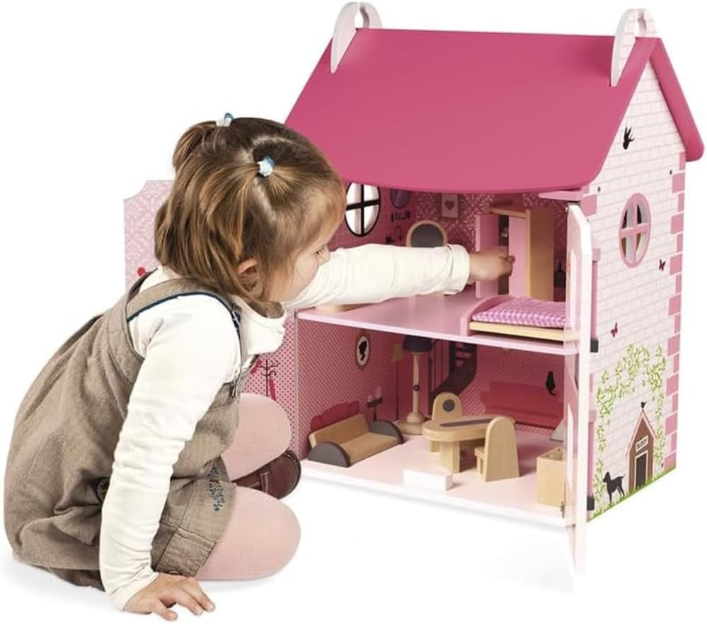 Janod Mademoiselle Maison de poupée en bois à 3 étages avec 11 accessoires, réplique de jouet, développe l'imagination, à partir de 3 ans, J06581
