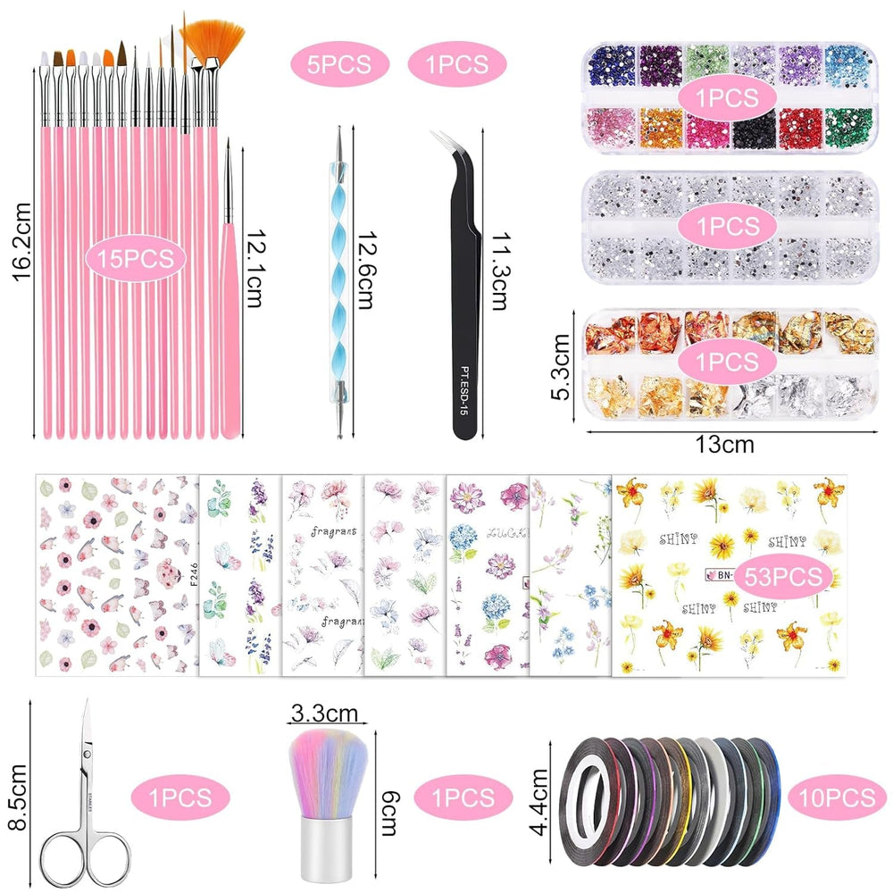 53 autocollants de perles, ensemble de pinceaux et de décorations pour nail art, 15 pinceaux, 5 stylos à points, strass, or noir pour l'art de l'art, les paillettes, les travaux d'art et les ensembles de décorations