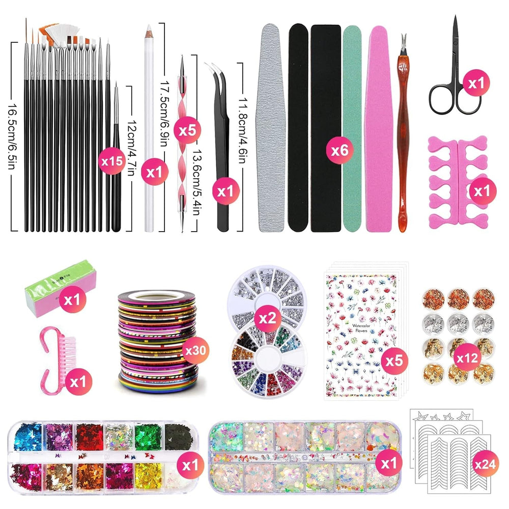 Ensemble de pinceaux et de décorations pour ongles, ensemble de pinceaux de décoration pour ongles, 15 pinceaux, 5 autocollants pour pinceaux, 5 stylos à pois, strass, paillettes ultra fines pour vernis à ongles