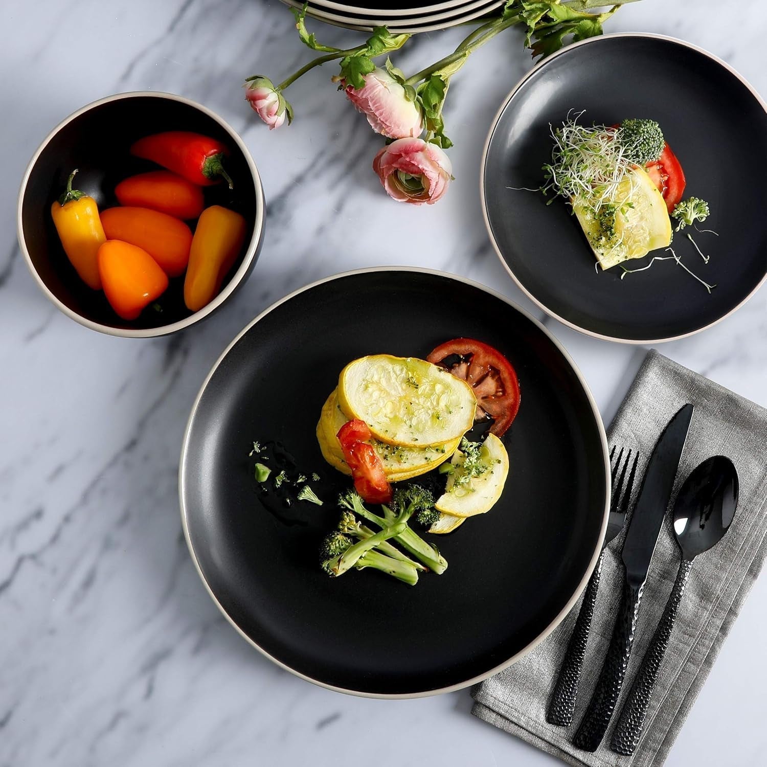 Rockaway Geschirrsets Aus Steinzeug, Rund, Für 4 Personen (12 Stück), Schwarz Services de table Naty Shop