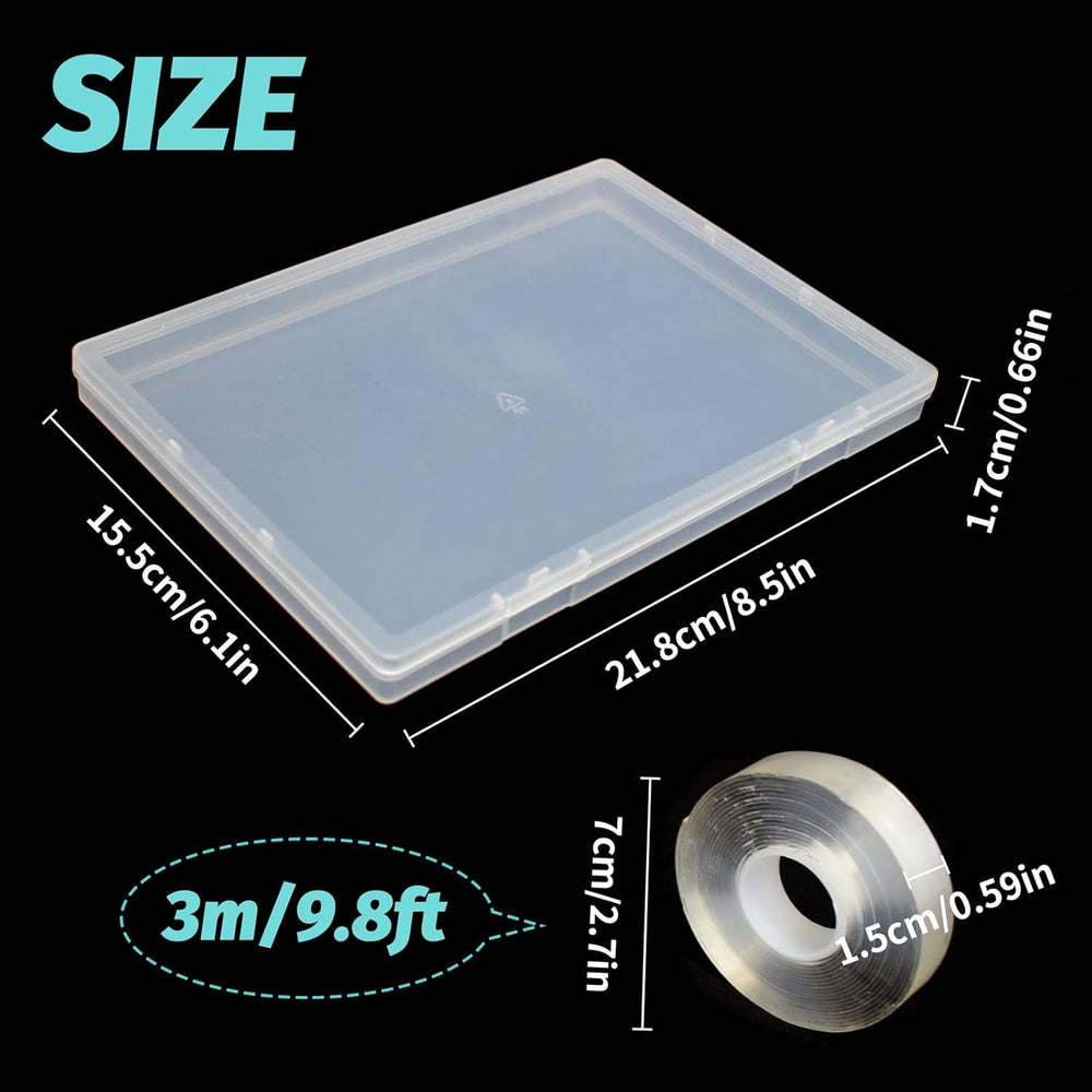 Cutie de depozitare pentru unghii artificiale cu 2 bucăți de bandă adezivă dublu adezivă de 30 cm, cutie transparentă dreptunghiulară, cutii de ambalare din plastic, recipient pentru vârfuri de unghii, unghii artificiale, 21,8 x 15,5 cm