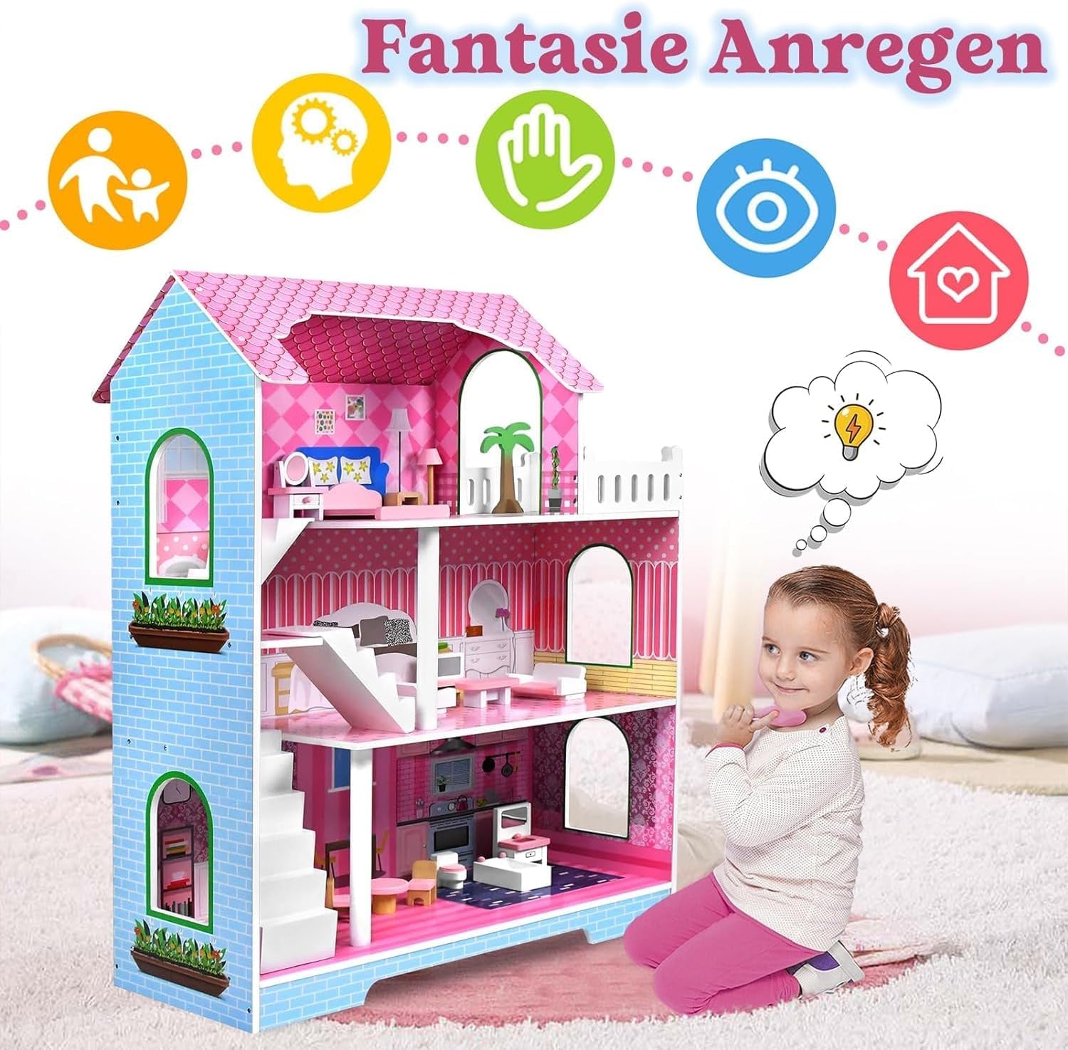 HENGMEI Puppenhaus Kinder Holz Puppenvilla Dollhouse Set Mädchen Spielset 3 Etagen House mit Möbeln und Zubehör, 70x30x100cm Puppenhäuser für Kinder (Typ B)