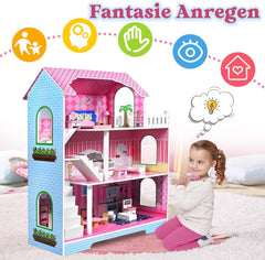 HENGMEI Puppenhaus Kinder Holz Puppenvilla Dollhouse Set Mädchen Spielset 3 Etagen House mit Möbeln und Zubehör, 70x30x100cm Puppenhäuser für Kinder (Typ B)
