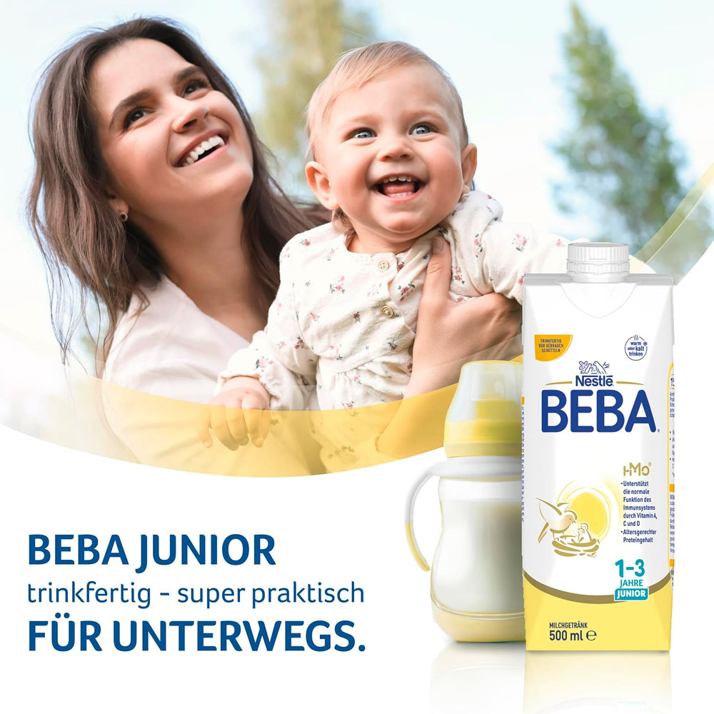 BEBA Junior Boisson lactée prête à boire 1-3 ans, avec HMO, teneur en protéines adaptée à l'âge, sans huile de palme, sans huile de poisson, nourriture pour tout-petits, paquet de 12 (12 x 500 ml)