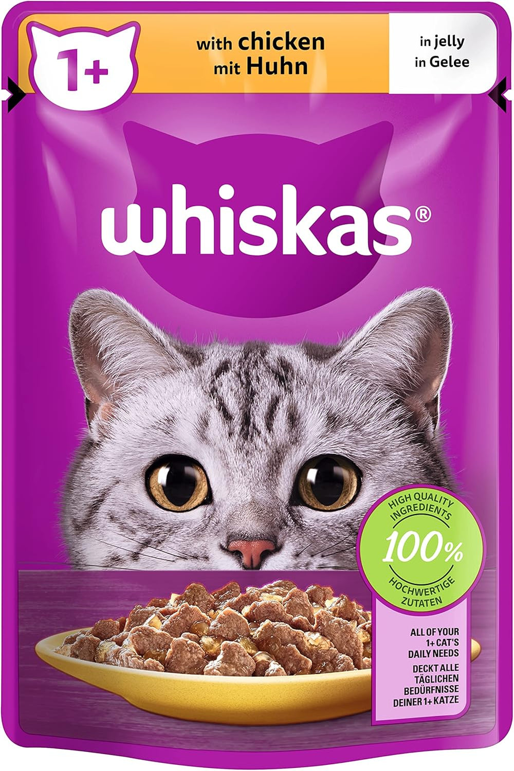 Whiskas 1+ nourriture humide pour chats au poulet en gelée, 28x85g (1 paquet) - Nourriture humide de haute qualité pour chats adultes en sachets de 28 portions