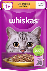 Whiskas 1+ nourriture humide pour chats au poulet en gelée, 28x85g (1 paquet) - Nourriture humide de haute qualité pour chats adultes en sachets de 28 portions