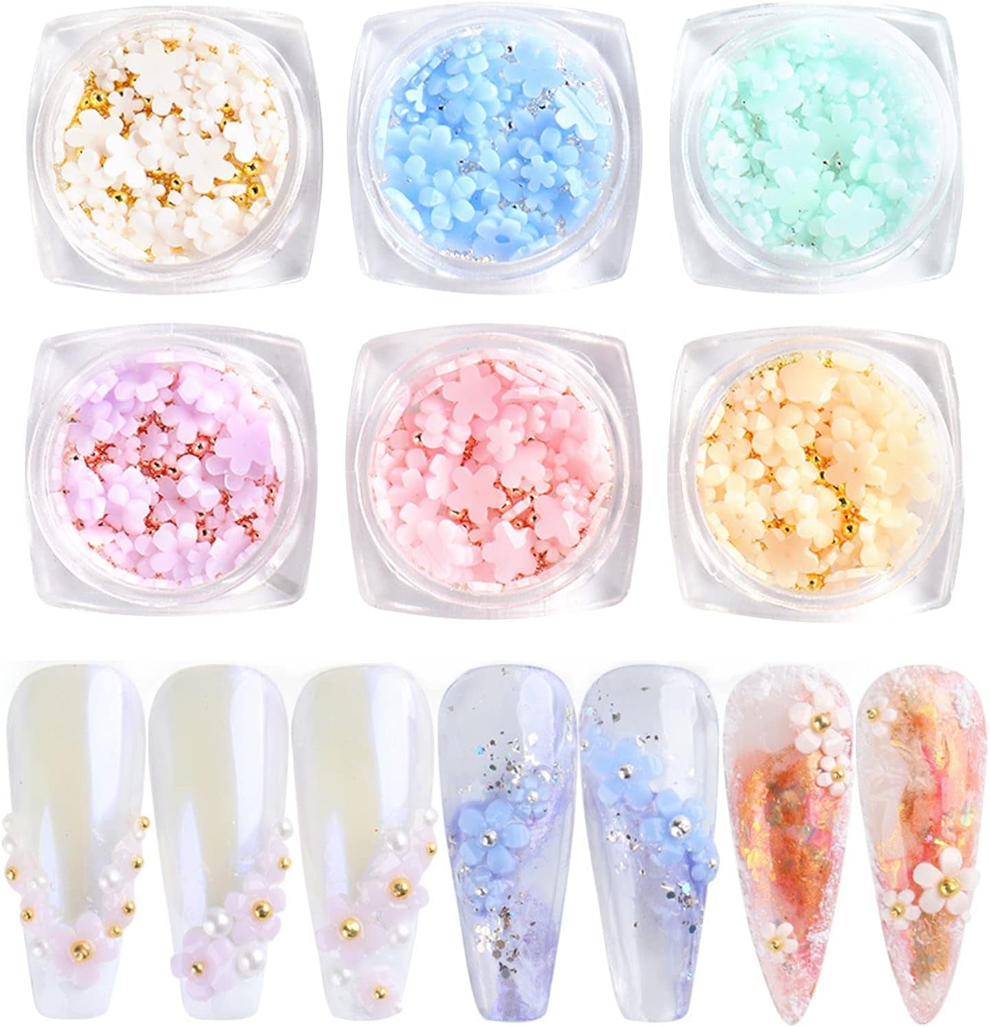 6 boîtes de breloques d'art de fleur 3D, strass de fleur en acrylique avec ornements en or et perles d'argent, bijoux en perles d'argent, accessoires de décoration pour les femmes, les femmes, conception de bijoux DIY, décoration de base…