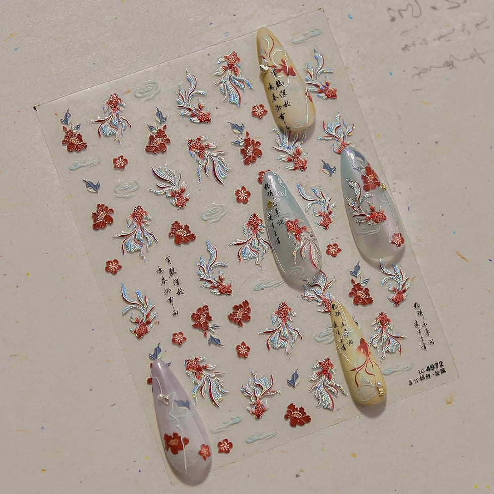JMEOWIO Autocollant 3D pour ongles en forme de poisson Koi