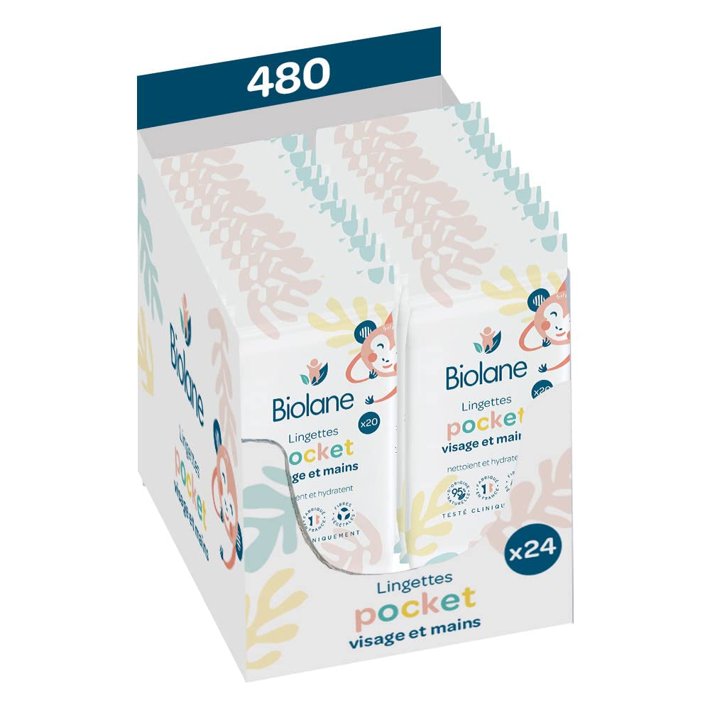 BIOLANE - Lingettes Humides Bébé Visage et Mains - Paquet de 6 - 384 Lingettes (6 x 64 cm) - Nettoie et Protège - Produits de Toilette - Hypoallergéniques - Pour Peaux Sensibles - 97% d'ingrédients naturels - Fabriquées