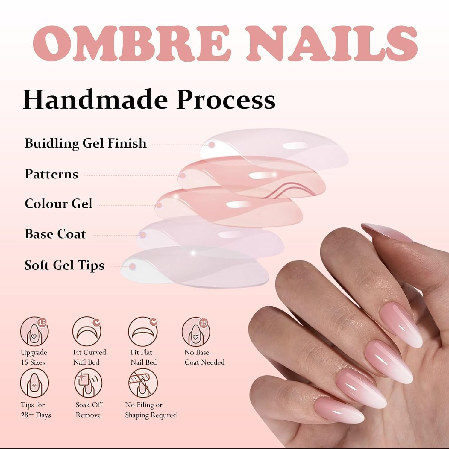 Set de unghii false - 240 de bucăți, unghii false franțuzești, pentru lipit - Design gradient alb roz, unghii artificiale, acoperire completă, gel moale, naturale și confortabile la purtare (migdală roz)