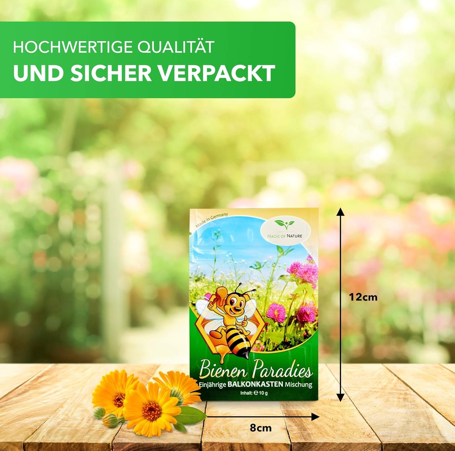 Magic of Nature Balcony Box Mix - 10 g de graines - Plantes respectueuses des abeilles - Facile à utiliser - Bee Paradise - 5 espèces cultivées indigènes - Convient aux bacs à fleurs et aux jardinières