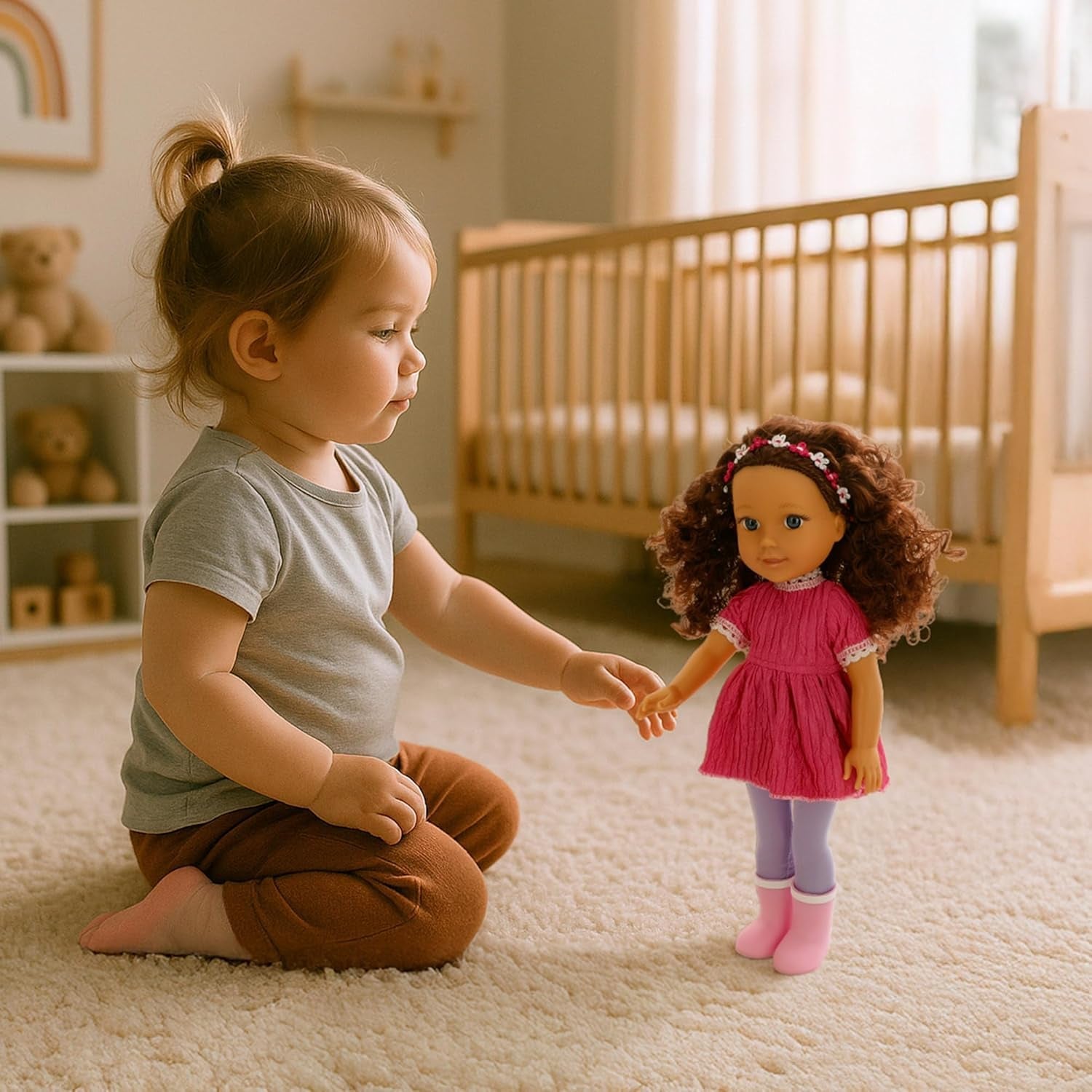 Mara 39361 Kinderpuppe, beweglich, 36 cm, lockiges braunes Haar, lässiger Stil, inklusive Kleidung, realistische Puppen, Spielzeug für Kinder ab 3 Jahren, Kinder