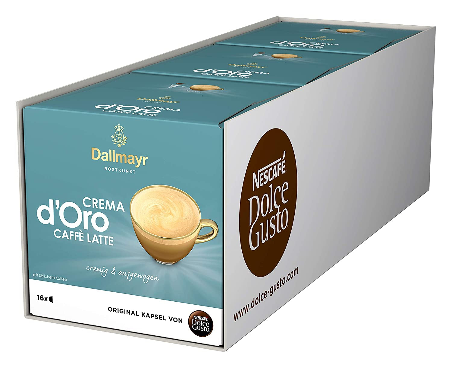 NESCAFÉ Dolce Gusto Dallmayr Prodomo, XXL-Vorratsbox, 90 Kaffeekapseln (3 x 30 Kapseln) & Dallmayr Crema d'Oro Caffè Latte (48 Kaffeekapseln, 48 Getränke, cremig&ausgefungen) 3er Pack (3 x 16 Kapseln)
