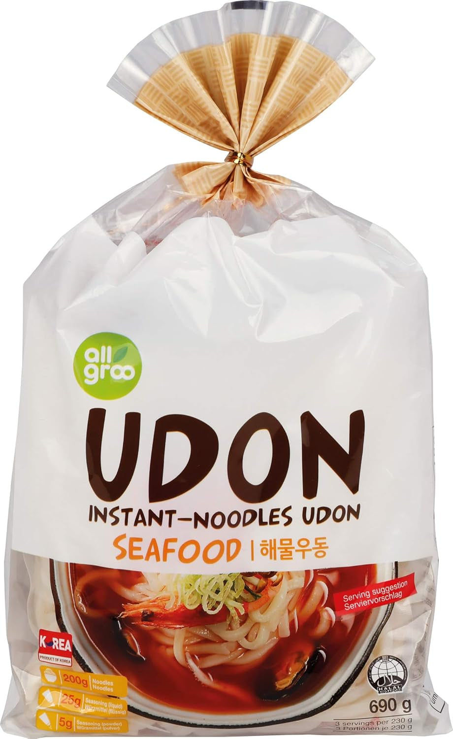 Allgroo Udon Instant Noodles - Soupe Udon épicée, préparation rapide - Contient 3 portions - 1 x 690g