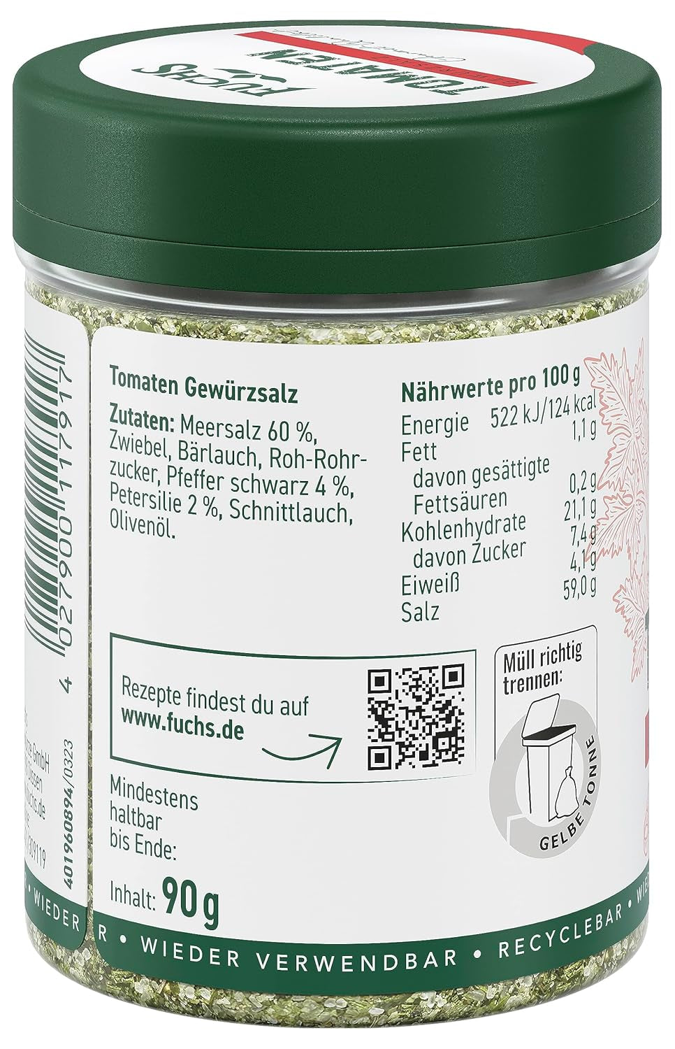 Fuchs Gewürze - Tomato Gewürz - Gewürzsalz für Tomatenbrot, Frühstücksei oder Steak - ingrédients naturels - 90 g en dose variable, recyclable