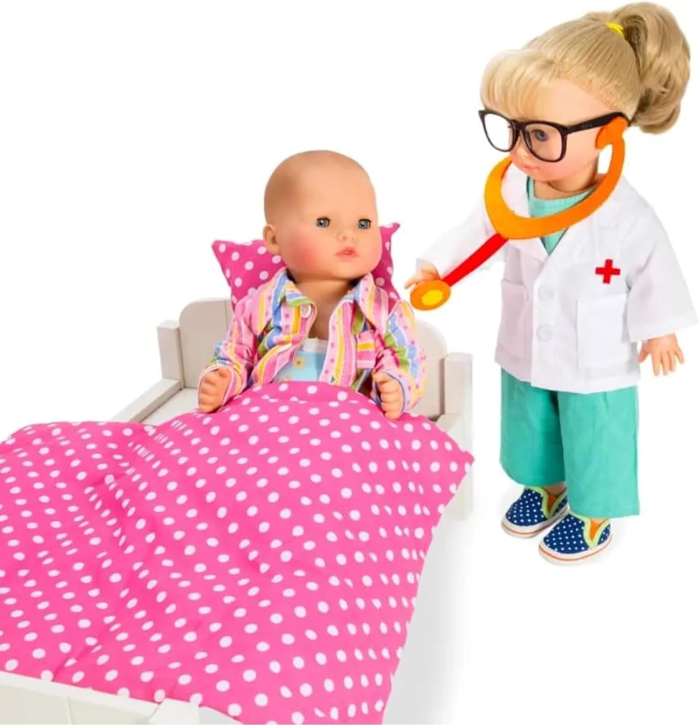 Heless 1653 - Ensemble de vêtements de poupée, costume de médecin 4 pièces avec pantalon, chemise, blouse de médecin et stéthoscope, taille 28 - 35 cm