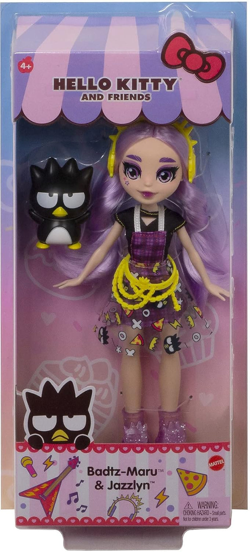 Mattel Hello Kitty GWW98 - Figurine Sanrio Badtz-Maru et poupée Jazzlyn (env. 25,4 cm) avec vêtements et accessoires, cheveux longs lilas et tenue tendance, idéales pour les enfants à partir de 3 ans