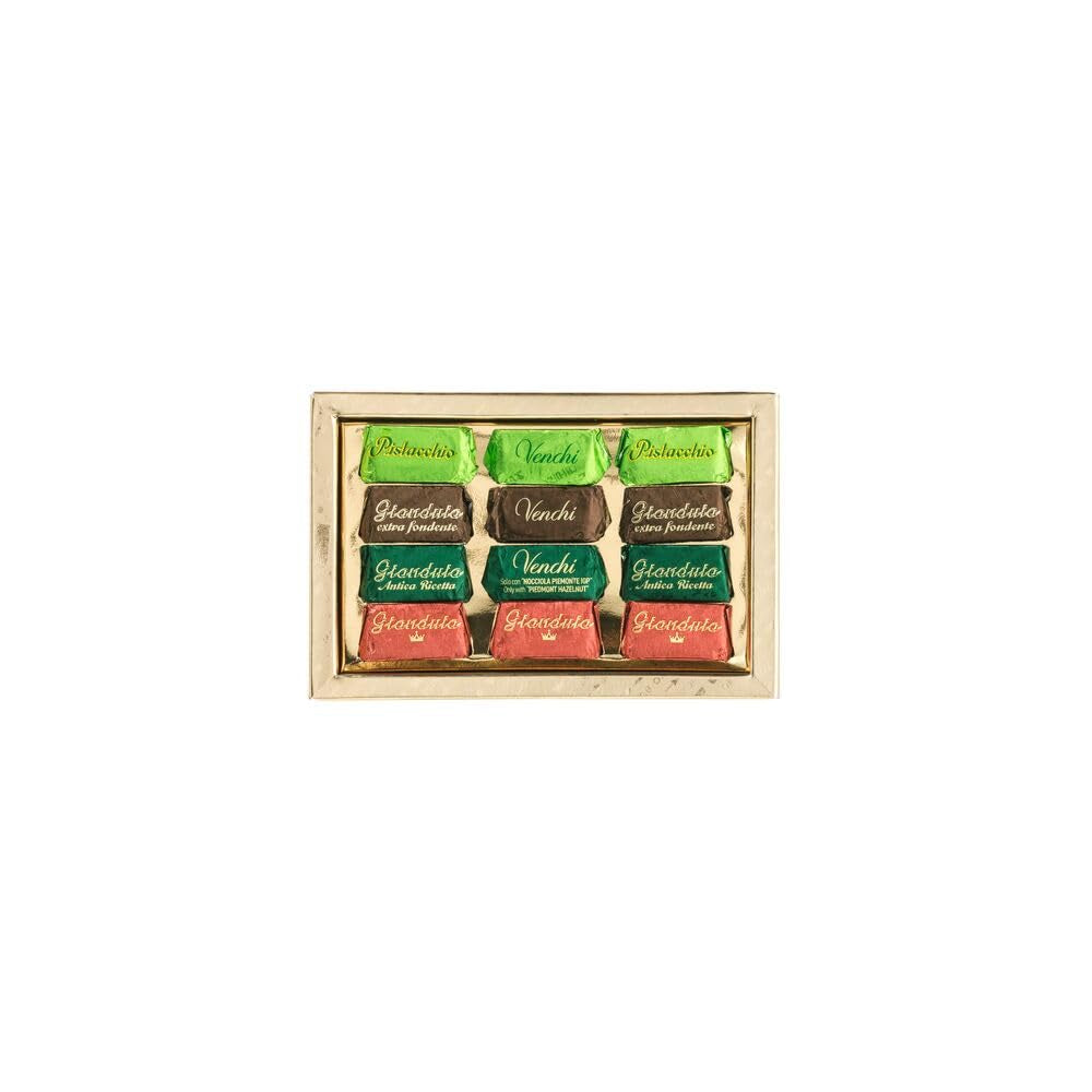 Venchi, Coffret doré avec assortiment de chocolats Gianduiotti, 110 grammes Chocolats Naty Shop