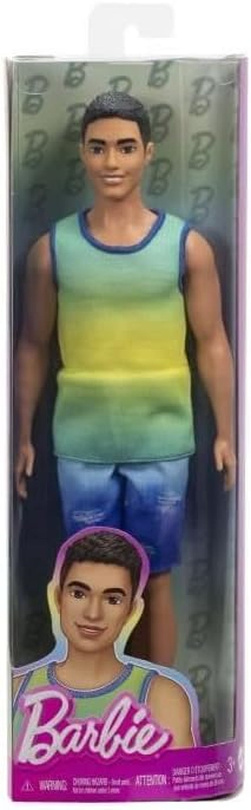 Păpușa Ken Barbie Fashionistas nr. 236 cu păr negru, maiou albastru-verzui ombré, pantaloni scurți din denim și adidași argintii, HYV00