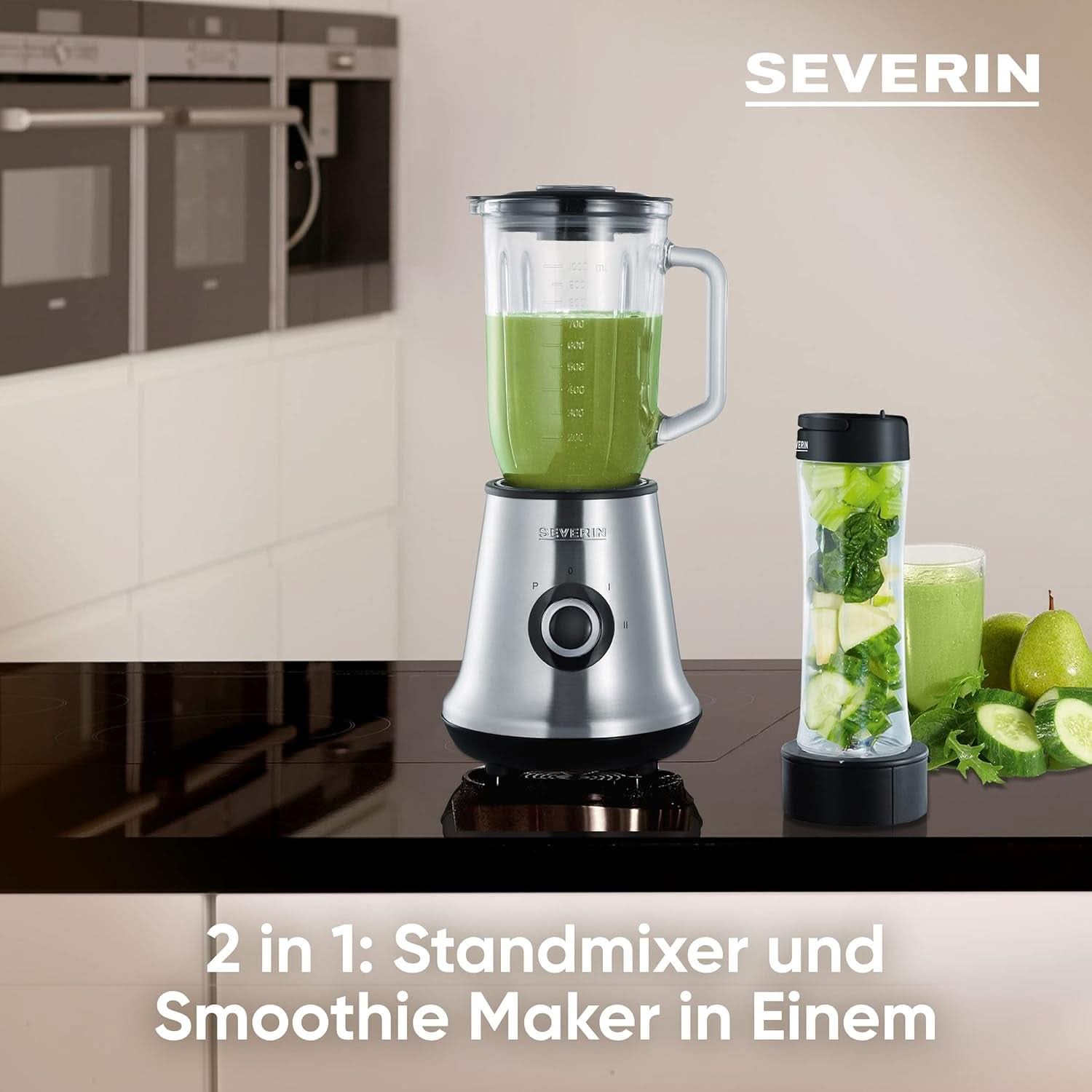 SEVERIN Multimixer, batteur sur socle 2 en 1 et machine à smoothie avec 1 L de récipients en verre et de boissons, mixeur de cuisine avec 2 lampes et fonction impulsion, 500 W, Edelstahl/Schwarz, SM 3737 Mother and Child Naty Shop
