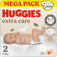 Couches pour bébé Huggies Extra Care, taille 2 (3-6 kg), super absorbantes, design Disney, méga pack, 104 pièces