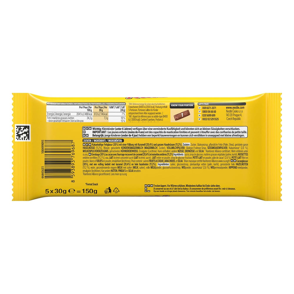 Nestlé NUTS, barres de chocolat aux noisettes fourrées au caramel, noisettes entières et délicieuse crème de bonbons, enrobées de chocolat au lait, 1 paquet (5 x 30 g)