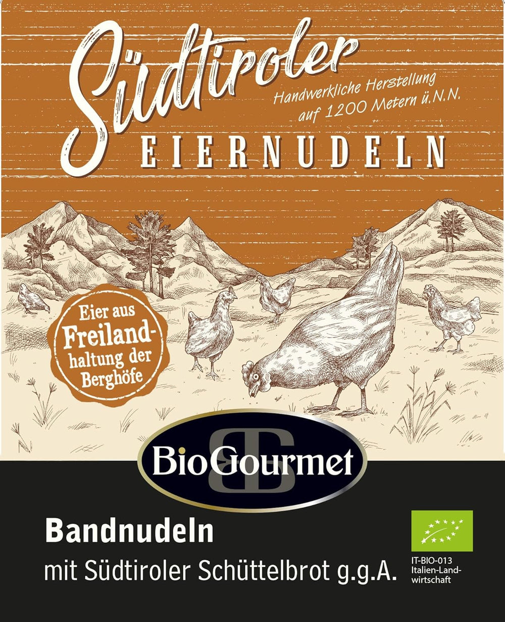 Nouilles en ruban BioGourmet au Schüttelbrot du Tyrol du Sud (IGP) | Nouilles aux œufs salées et aromatisées au véritable speck du Tyrol du Sud | 1 x 250g Bio