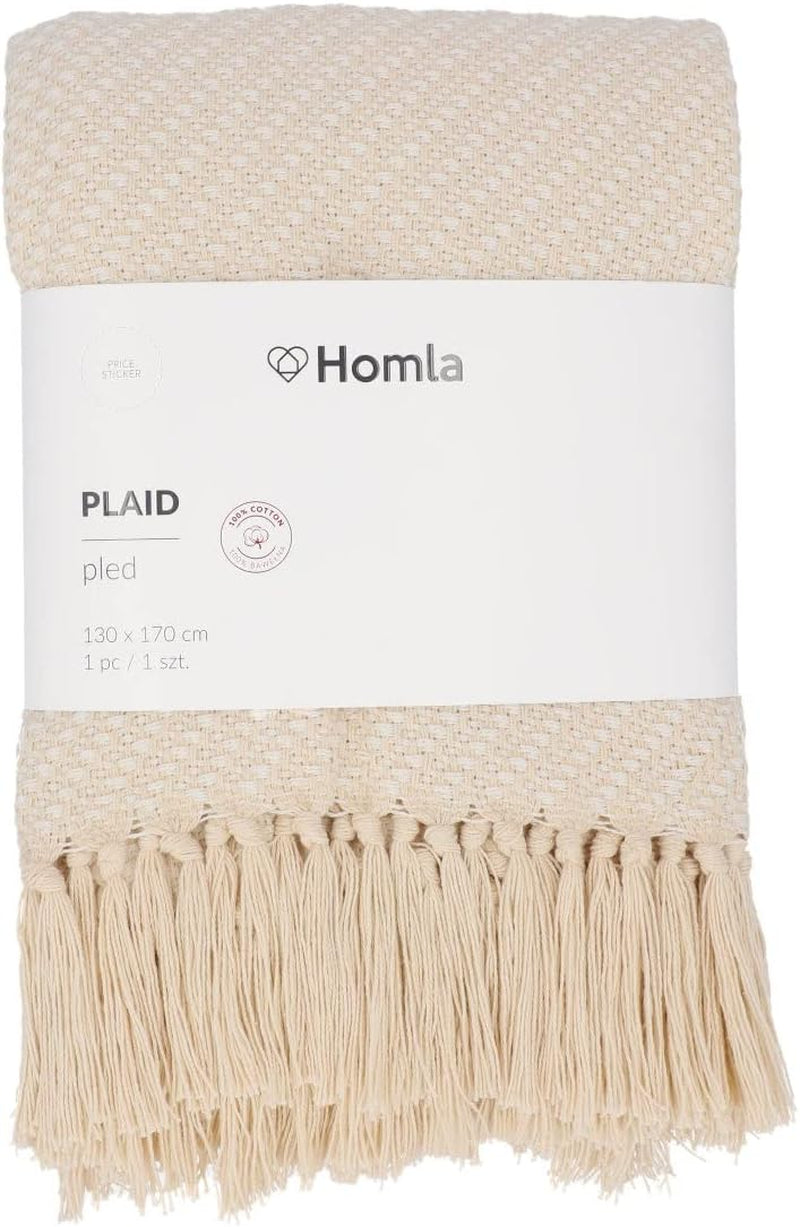 HOMLA Morris Plaid Couverture à franges en coton - Couverture douce et confortable Couverture en coton - tissu fin 130 X 170 Cm Ecru Lits et Couvertures Besuche den HOMLA-Store