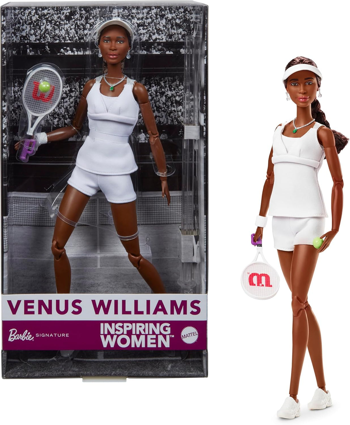 Barbie Inspiring Women Series Venus Williams Poupée mannequin avec uniforme signé et raquette de tennis avec boîte de présentation HRM49