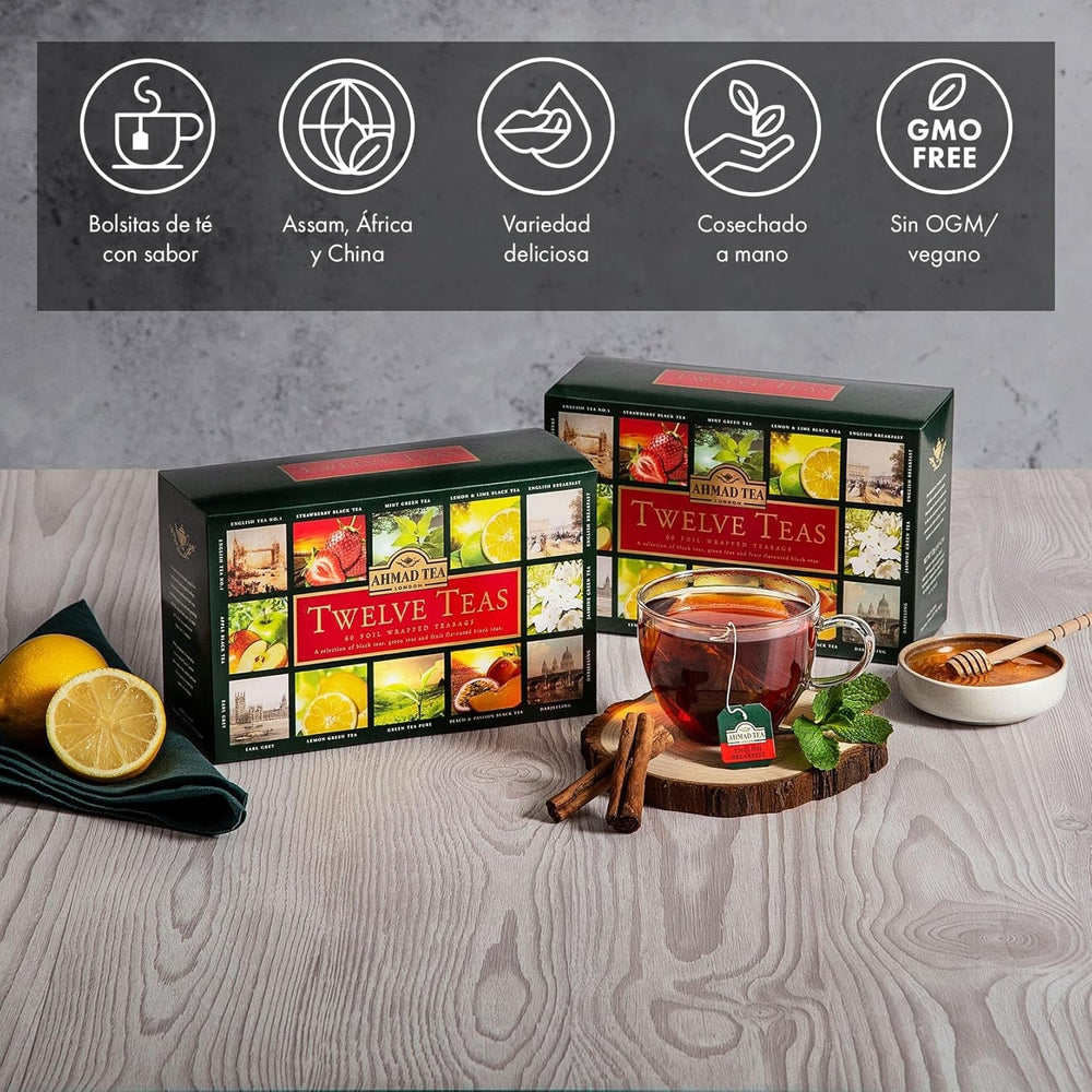 Ahmad Tea Twelve Teas – 12 assortiments de thé noir et vert avec différentes saveurs – 60 sachets de thé emballés individuellement, scellés pour préserver les saveurs, 120 g de thé