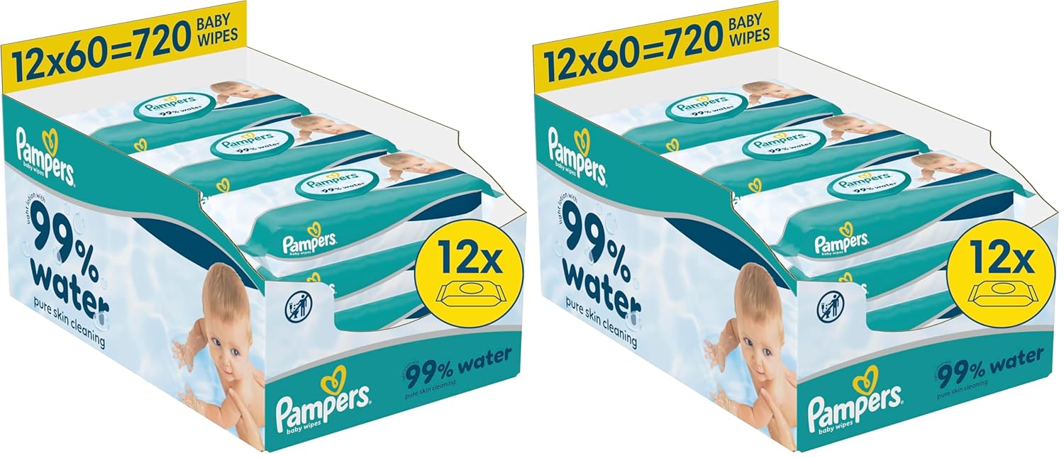 Lingettes pour bébé Pampers 99 % d'eau, 12 paquets de 60 lingettes chacun = 720 lingettes pour bébé, lotion légère 99 % d'eau