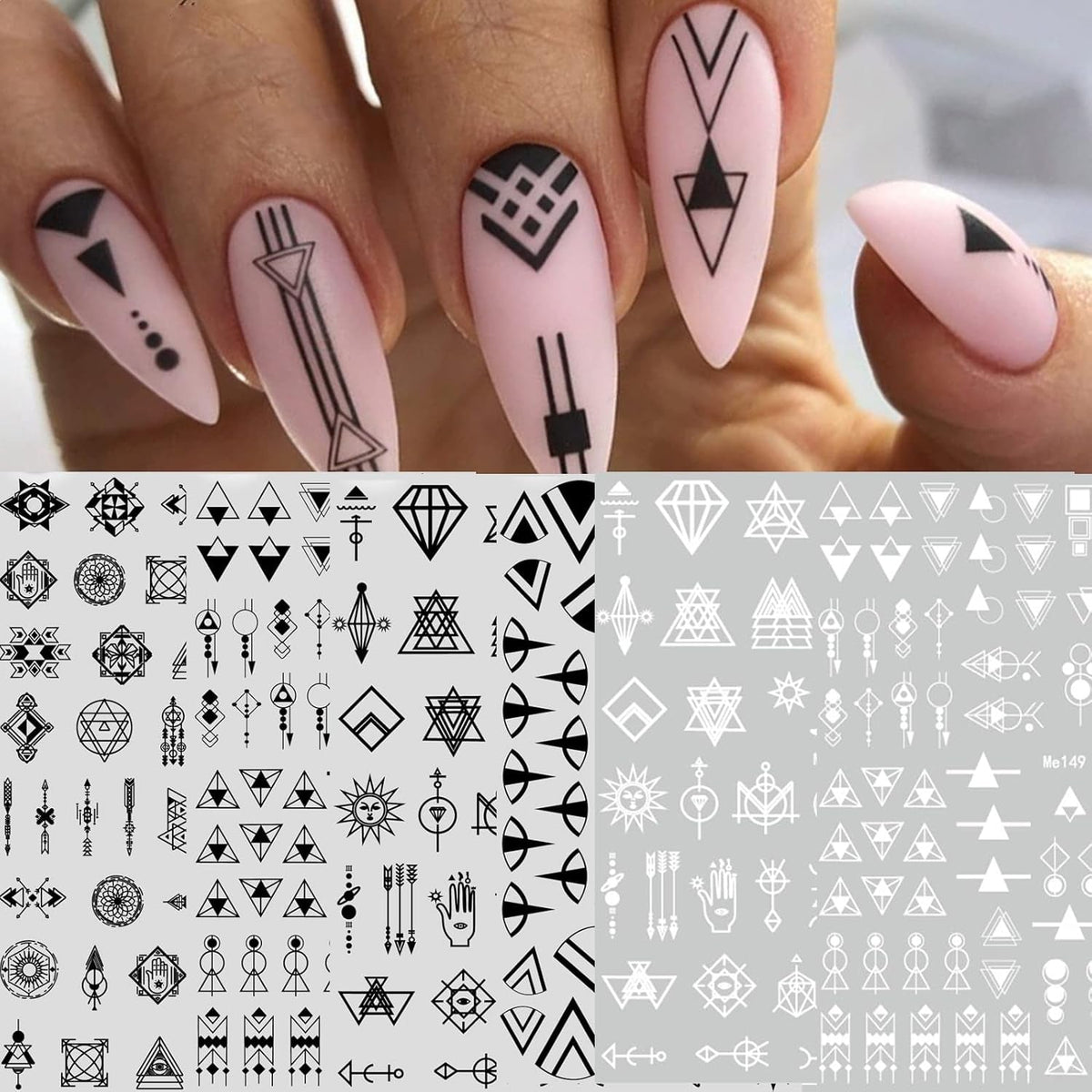 12 Blatt Nagelsticker Geometrisch Nagelaufkleber Selbstklebend Schwarz-Weißes Mysteriöses Dreieck Nail Art Sticker Dekoration Nageldesign Zubehör