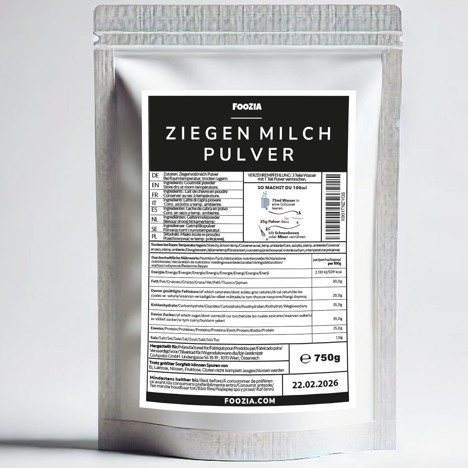 Lait en poudre de chèvre Foozia Pure - Sans additifs pour les humains et les animaux