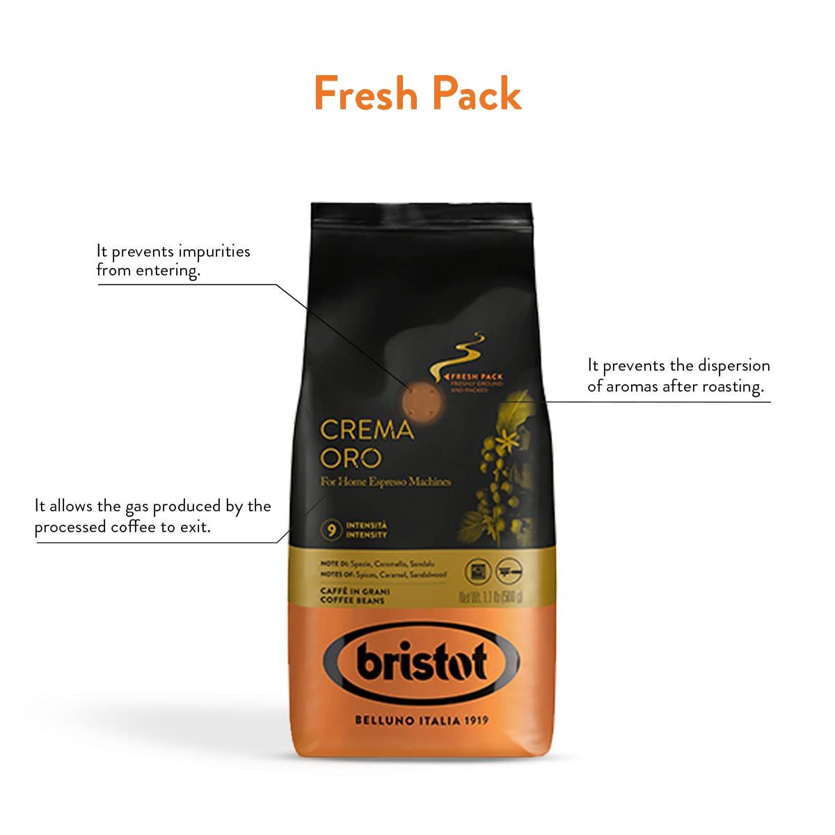 Bristot, Kaffeebohnen CREMA ORO – Total 1 kg – Mischung mit intensif Aroma, süßem Geschmack, Gewürzen, Caramel, Sandelholznoten – Set mit 2 pro 500 g