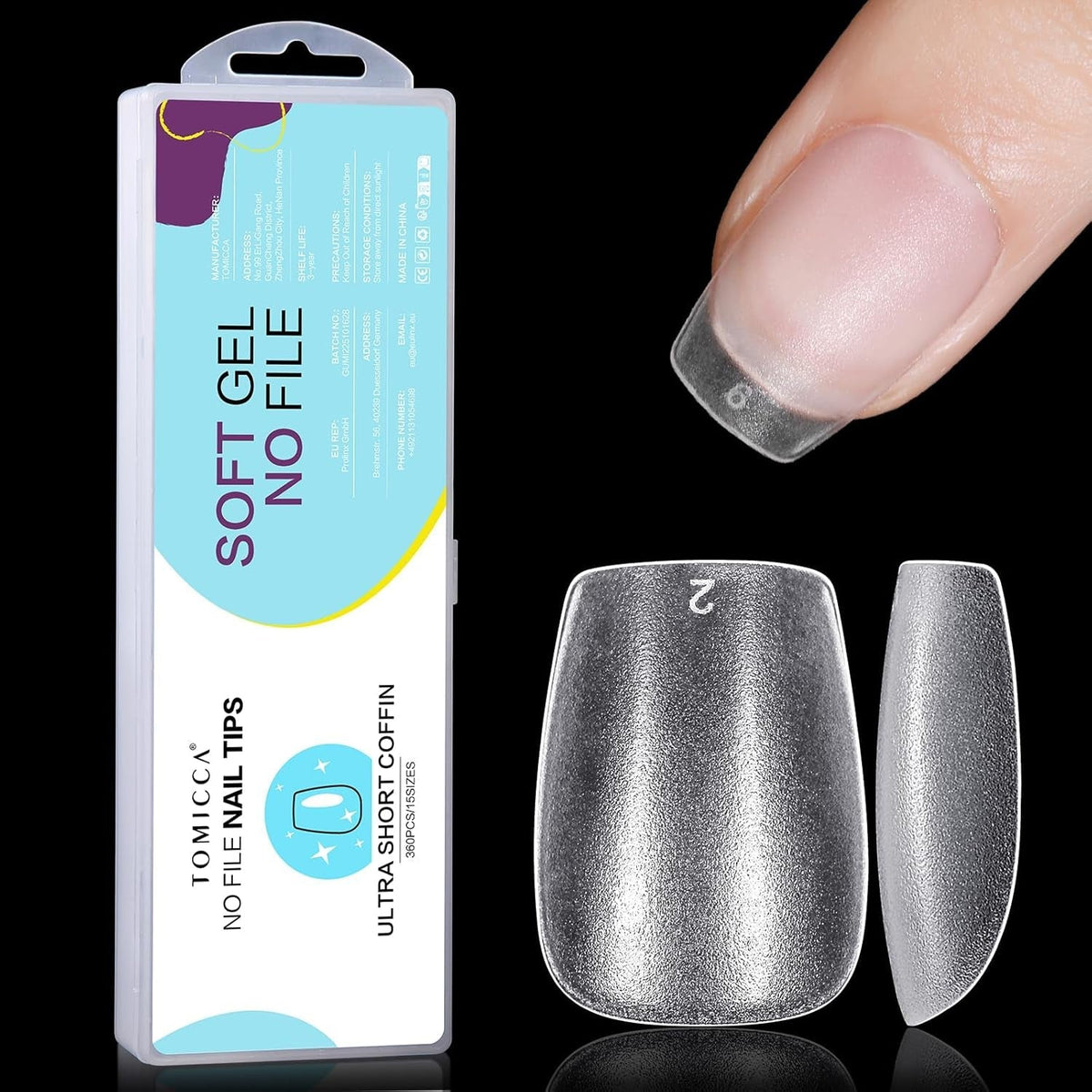 TOMICCA Coffin Tips Ultra Short Nail Tips - Nail Tips, Gel Souple, Couverture Complète, Préformé Mat Artificiel Nail Tips, Gel Nail Tips - 360 Pièces, 15 Tailles