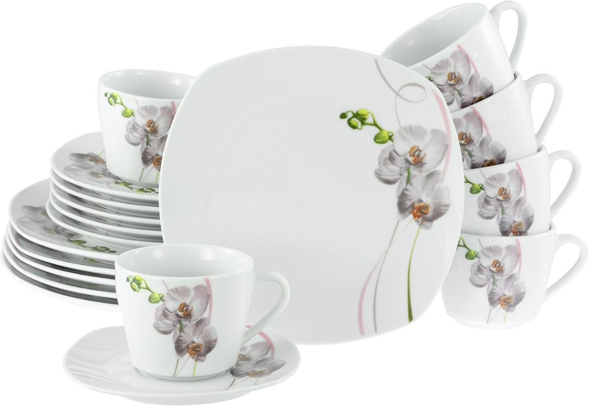 CreaTable, 24024, Série Square Orchid, Service de table 18 pièces pour 6 personnes, Service à café en porcelaine, Passe au lave-vaisselle et au micro-ondes, Fabrication de qualité