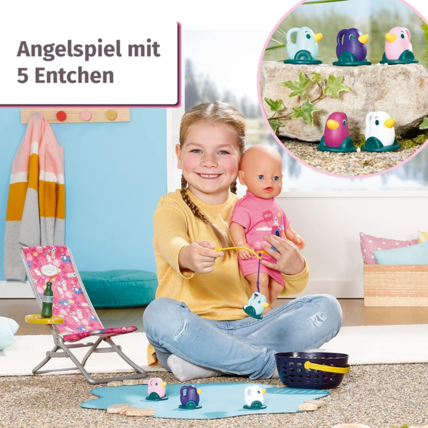 BABY born 832790 Weekend Fishing - Ensemble d'accessoires pour poupée de pêche avec chaise longue aux imprimés vifs, table d'appoint, verre, panier, canetons et canne à pêche et chemise longue rose, Rose