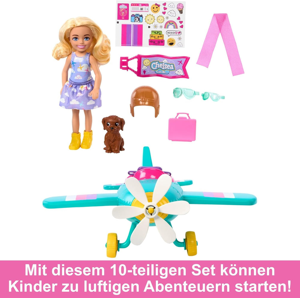 Barbie Chelsea Flugzeug Puppe und Spielset - Pilotenpuppe, Flugzeug, Hündchen und Zubehör für Geschichtenerzählen, rollende Räder und blumenförmiger Propeller, ab 3 Jahren, HTK38