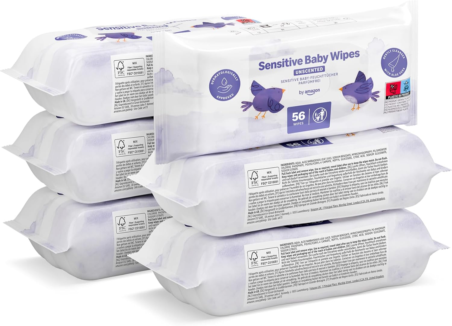 Amazon Sensitive Baby Wipes 1008, non parfumées, 18 paquets de 56 (anciennement marque Mama Bear, produit identique)