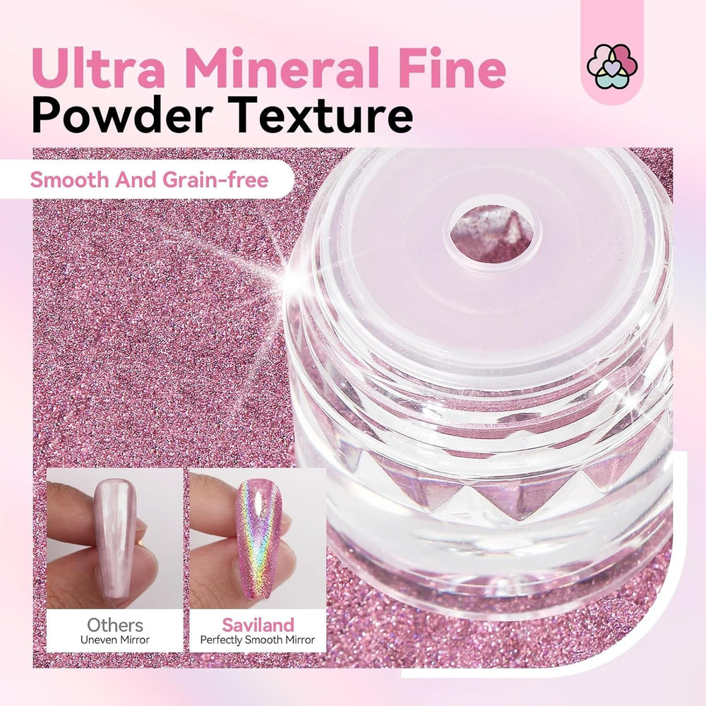 Saviland Chrome Nail Powder Set - Rose Laser Chrome Nail Powder Effet Miroir Laser Nail Art, Nail Glitter Manucure Poudre Décorative avec Bâtons Éponge, Nail Glitter Powder Nail Salon