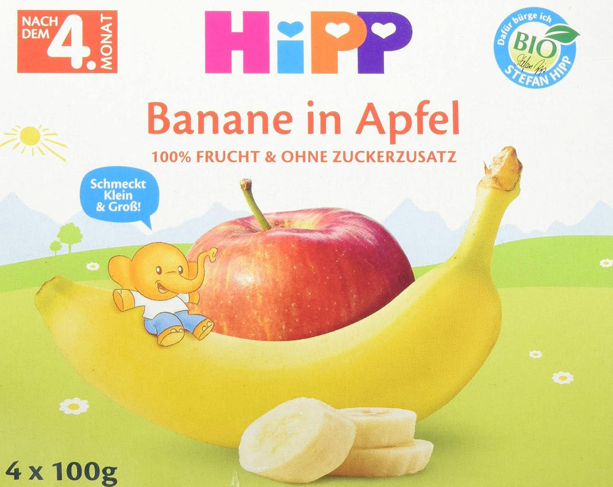 Hipp Fruits bio, Bananes en compote de pommes, paquet de 6 (6 x 400 g) Mère et Enfant Naty Shop 4 x 100 grammes Bananes