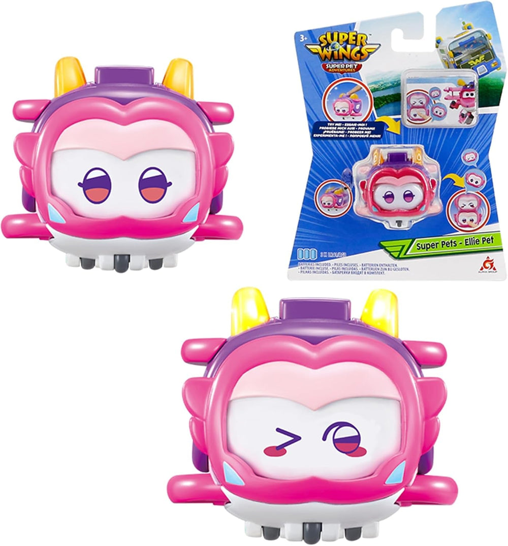 Super Wings Super Pets 4 PCS Shine, Golden Boy, Jerome, Ellie Expression faciale commutable Effet foudre Jouet portable pour 3 4 5 6 7 8 ans Garçon Fille Figurines d'action 2 pouces Naty Shop Ellie