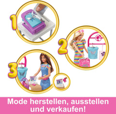 Barbie Fashion Boutique Playset – Poupée à motif aluminium, plus de 150 looks originaux, comprend 2 chemisiers et 5 feuilles aluminium, un portant et un lecteur de cartes de crédit, à partir de 3 ans, HKT78