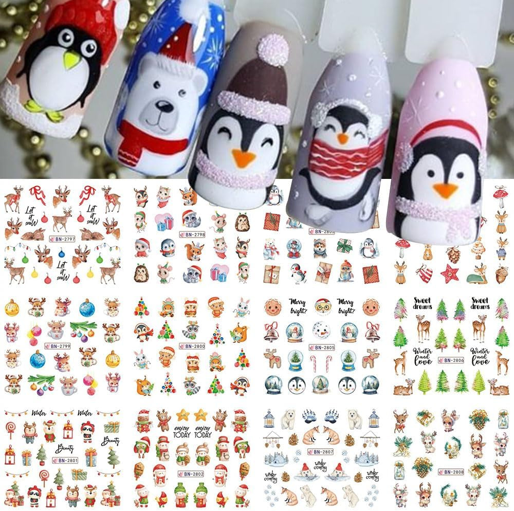 Autocollants pour ongles de Noël 3D auto-adhésifs à transfert d'eau, arbre de Noël, flocon de neige, élan, pingouin, nail art de Noël, dessins d'ongles d'hiver, autocollants de Noël, accessoires pour ongles