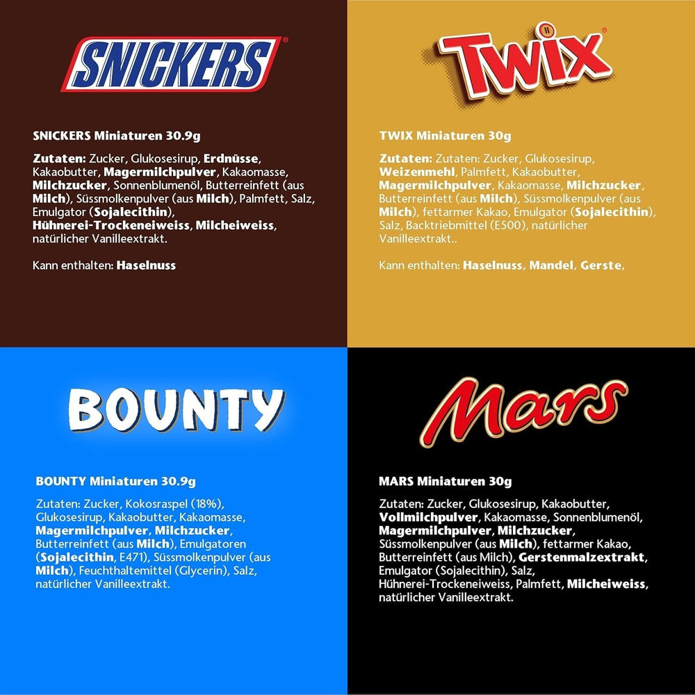 Mix de miniatures, Mars, Snickers, Bounty & Twix, Barres Classiques en format mini, 296 Barres, 3Kg Bonbons Chocolat Naty Shop