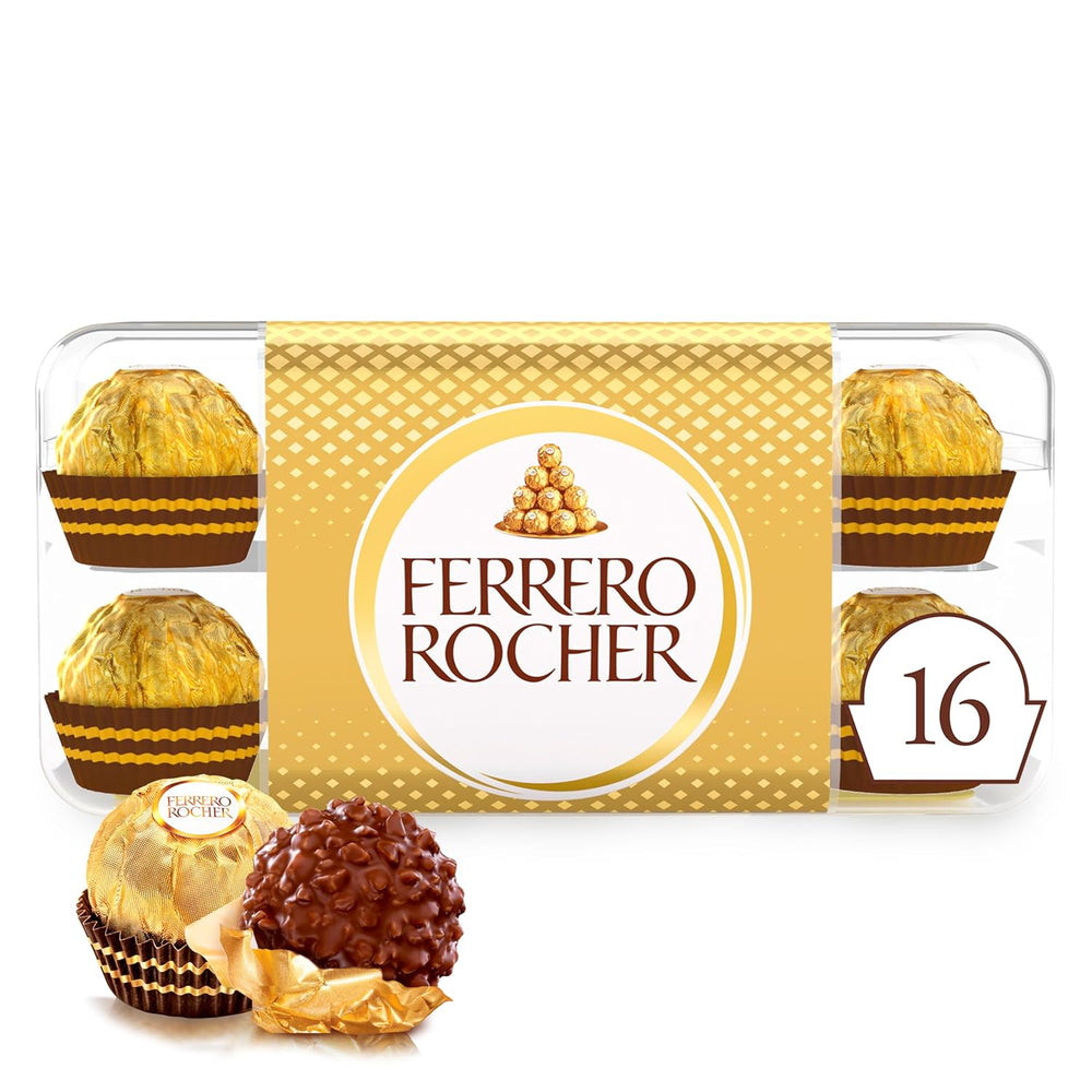 Ferrero Rocher - Pralines Spécialité Croquantes et Crémeuses aux Noisettes - Cadeau de Saint Valentin pour Elle et Lui - 16 Paquets de 4 Pralines Individuelles