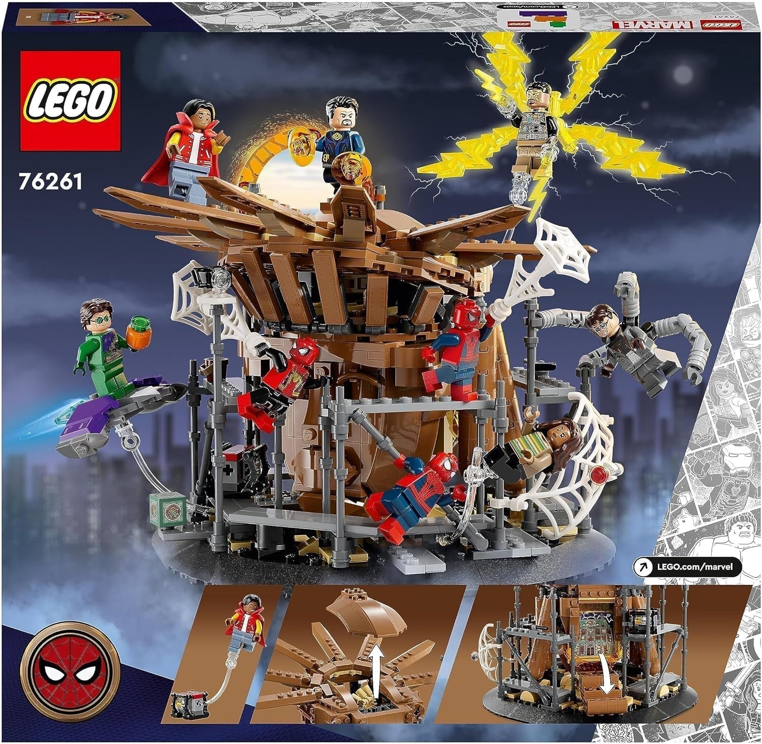 LEGO 76261 Marvel Spider-Man's Big Showdown, Spider-Man : No Way Home avec 3 figurines Peter Parker plus Green Goblin, Electro, Sandman, Ned, Doctor Strange et MJ, modèle à collectionner Jeux de construction Besuche den LEGO-Store