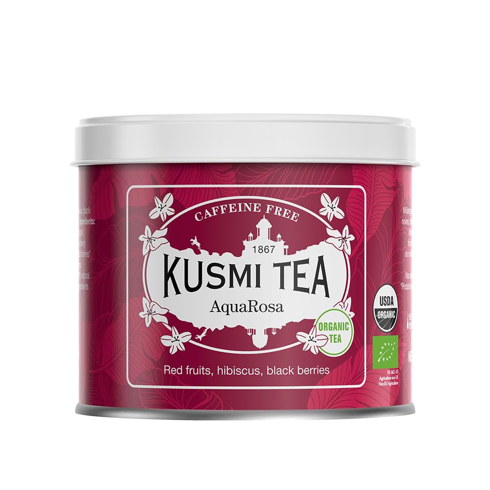 Kusmi Tea - Aquarosa - Ceai de fructe organic cu hibiscus, fructe negre și fructe roșii - Ceai de hibiscus fără cofeină - Cald sau rece - Ceai vrac - Cutie metalică de 100 g - Cantitate pentru aproximativ 50 de cești