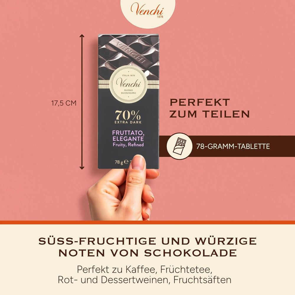 Venchi - Chocolat noir 70%, 78 g - Avec des mélanges de cacao sélectionnés - Sans gluten - Vegan